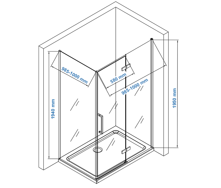 Corner enclosure - EX409 - 100 x 100 x 195 cm - 6mm tempered glass NANO